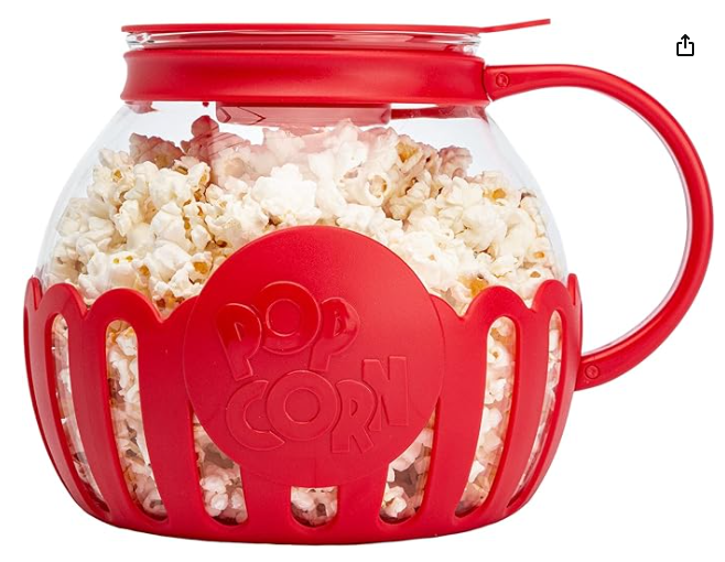 Popcorn Popper, Temperature Safe Glass, 3-in-1 Lid, Melts Butter, 3-Quart, Red