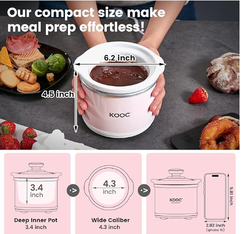 KOOC Small Slow Cooker, 0.65 Quart, Stainless Steel, Pink, Round