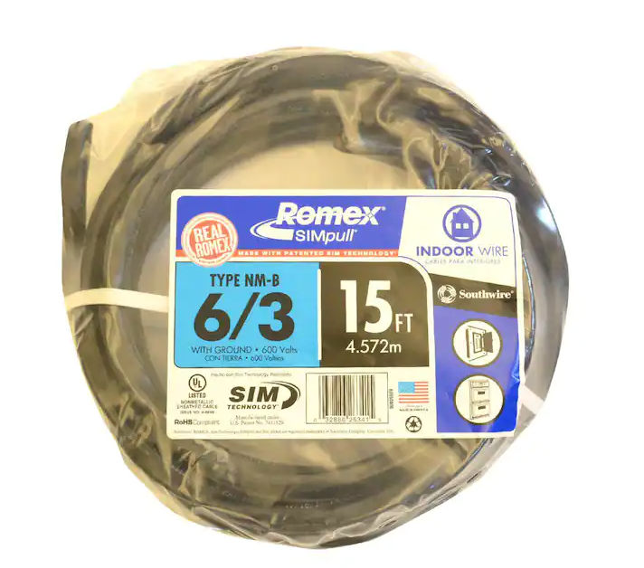 15 ft. 6/3 Black Stranded Romex SIMpull CU NM-B W/G Wire