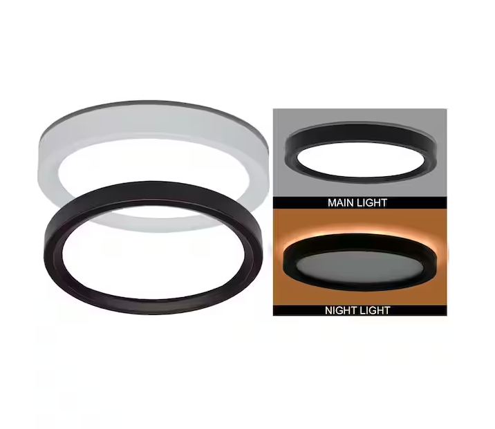 Commercial Electric 7.5 in. Round White Oil Rubbed Bronze Trims LED Flush Mount Ceiling Light Adjustable 3000K 4000K 5000K with Night Light