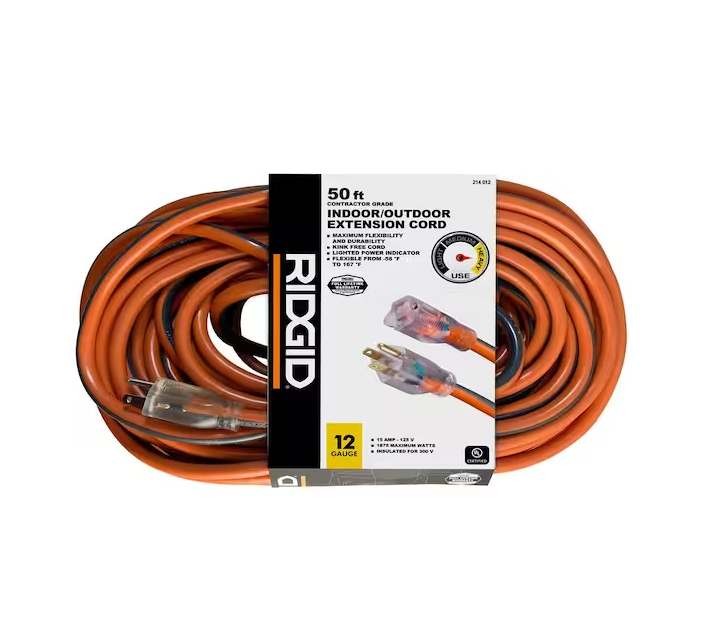 50 ft. 12/3 Heavy Duty Indoor/Outdoor Extension Cord with Lighted End, Orange/Grey