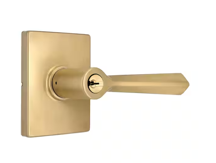 Wilshire Brushed Gold Keyed Entry Door Lever with Rectangle Rose Featuring Dual Keyway