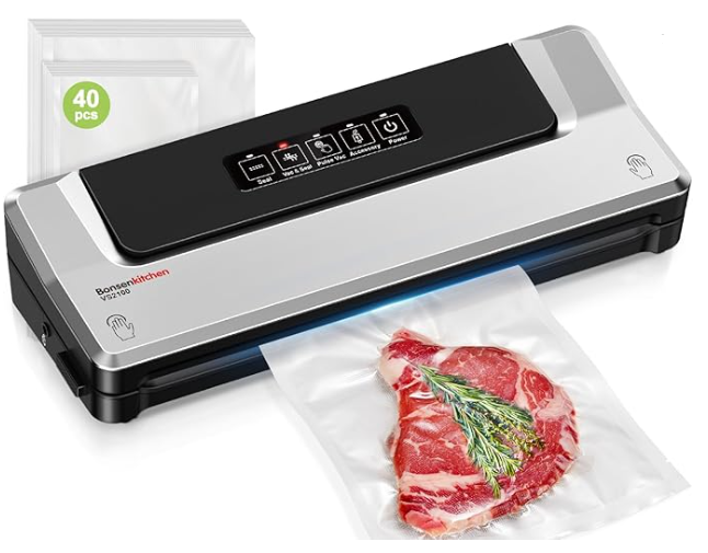 Bonsenkitchen Vacuum Sealer Machine, 40 Vacuum Bags/External Vacuum,Silver