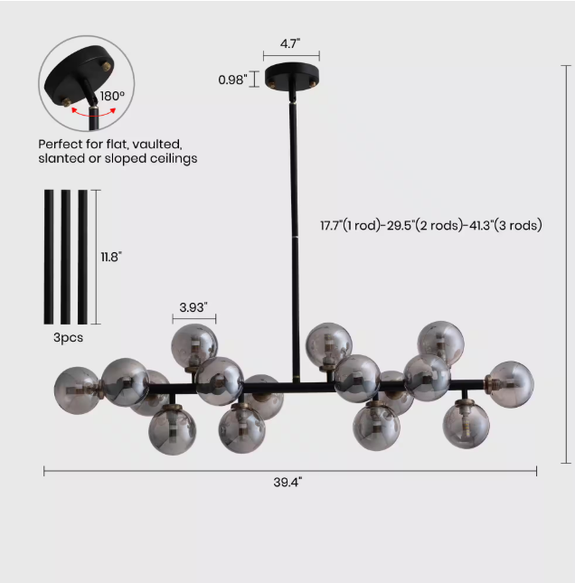 Siljoy 16-Light Black Globe Sputnik Dining Room Chandelier Mid Century Linner Kitchen Island Pendant Light