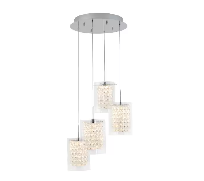 Artika Crystal Cube 17-Watt 4 Light Chrome Modern Integrated LED Pendant Light Fixture for Dining Room or Kitchen