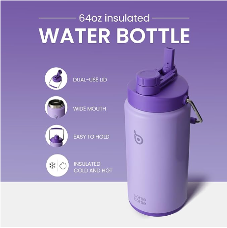BOTTLE BOTTLE Insulated Water Bottle 64 oz with Straw and Dual-use Lid Purple