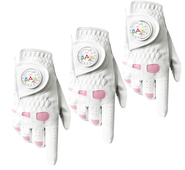 Golf Gloves Women Leather with Ball Marker, 3 Pack, Right Hand, Medium