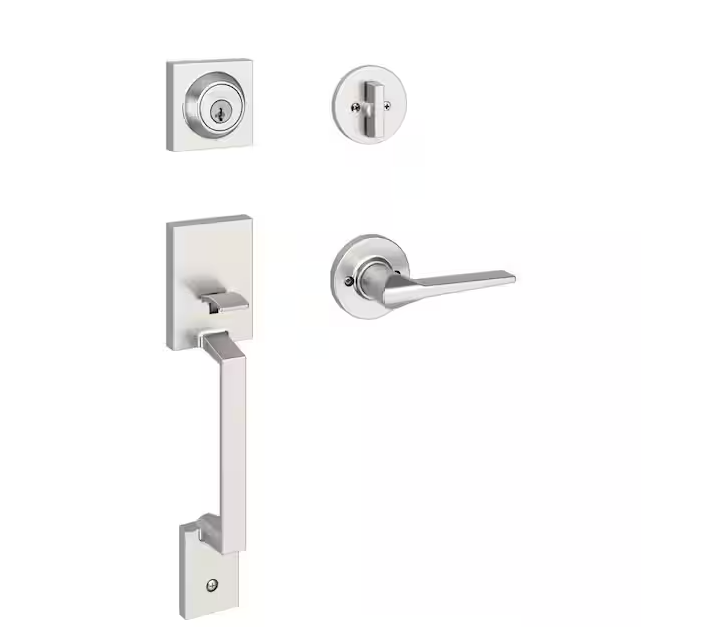 Kwikset Amador Satin Nickel Entry Door Handleset with Round Rose Hollis Lever Featuring SmartKey Security