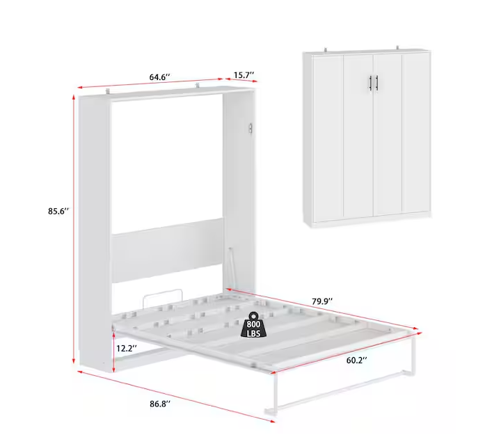 White Wood Frame Queen Size Bed Murphy Bed, Shaped LIKE Wardrobe, Hidden Bed, Pull Down to Expand
