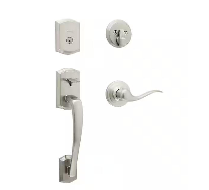Kwikset Prescott Satin Nickel Single Cylinder Entry Door Handleset with Tustin Handle Featuring SmartKey Security