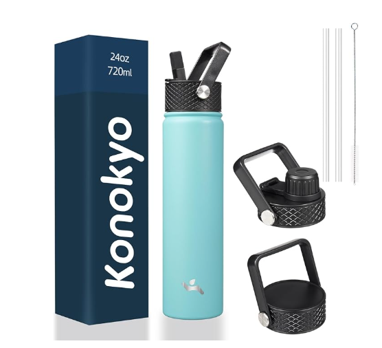 Insulated Water Bottle 24oz Stainless Steel with 3 Lids,Turquoise