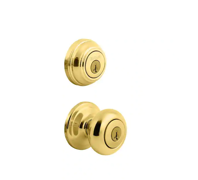 Kwikset Juno Polished Brass Exterior Entry Door Knob and Single Cylinder Deadbolt Combo Pack Featuring SmartKey Security