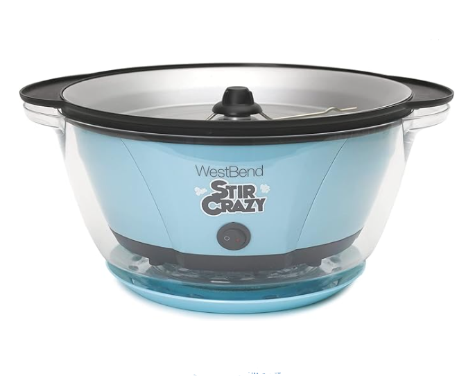 West Bend Stir Crazy Hot Oil Popcorn Popper, Popcorn Maker Machine with Large Serving Bowl Lid and Stirring Rod Perfect for Movie Night Snack Time or Parties, 6-Quart, Blue