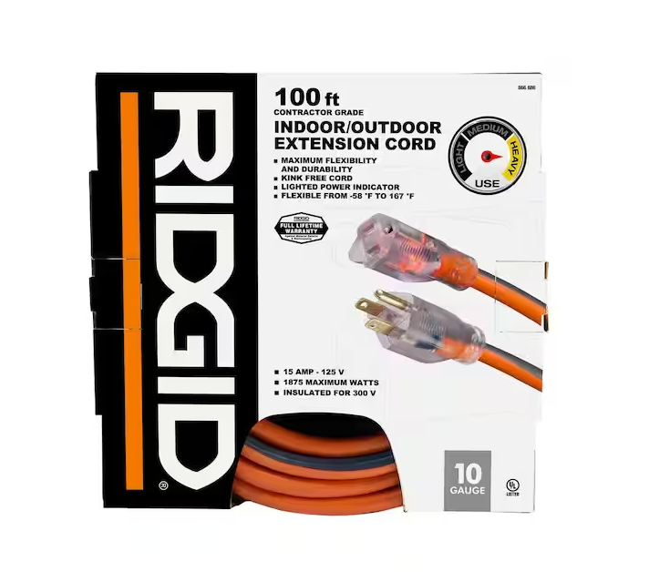 100 ft. 10/3 Heavy Duty Indoor/Outdoor SJTW Extension Cord with Lighted End, Orange/Grey