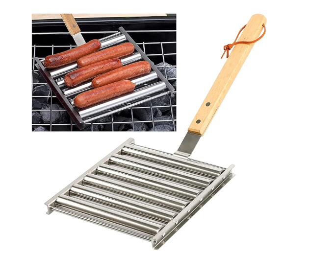 Hot Dog Roller Stainless Steel with Extra Long Wood Handle, 5 capacity