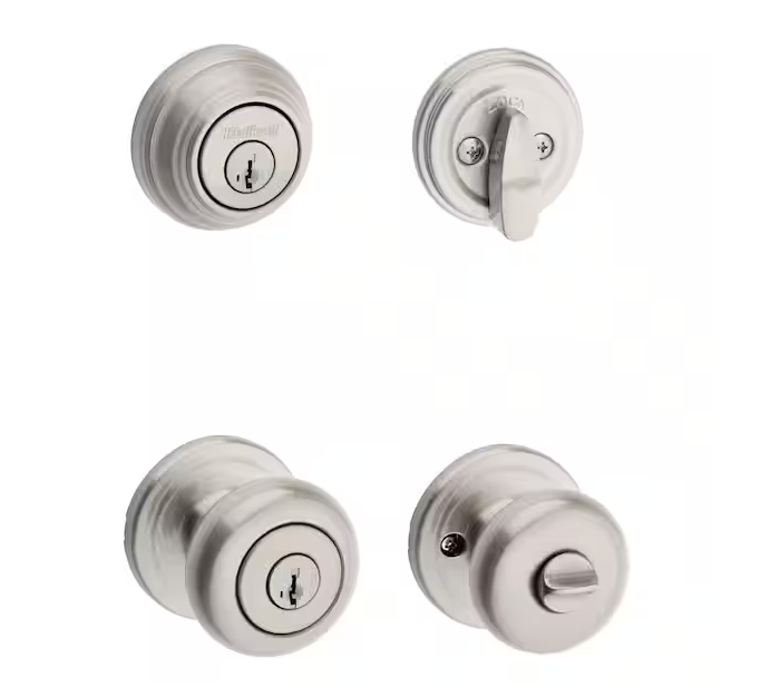 Juno Satin Nickel Exterior Entry Door Knob and Single Cylinder Deadbolt Combo Pack Featuring SmartKey Security