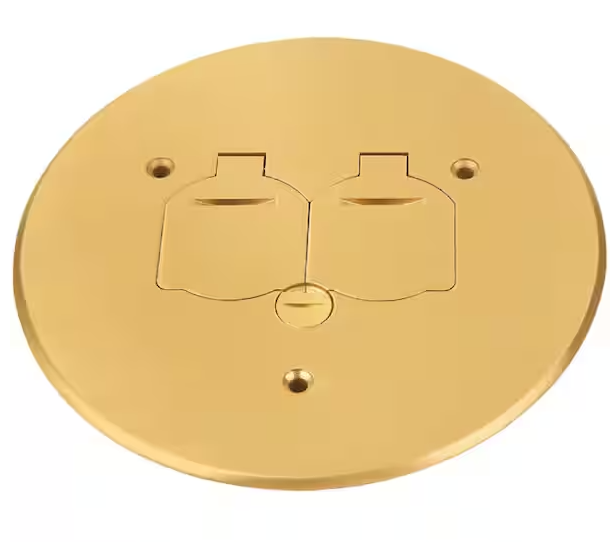 Low-Profile Round Floor Box Outlet Cover with 15A TR Duplex Receptacle and 2 Lift Lids, Brass