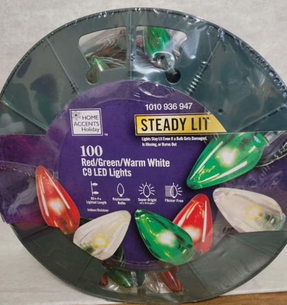100 Ct Red/Green/White Super Bright Steady Lit C9 LED Light 65.4 Ft