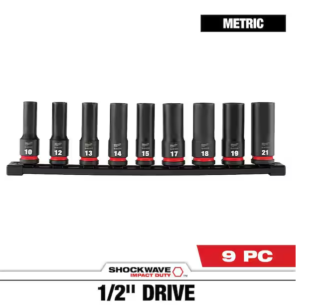 SHOCKWAVE 1/2 in. Drive Metric Deep Well 6 Point Impact Socket Set (9-Piece)