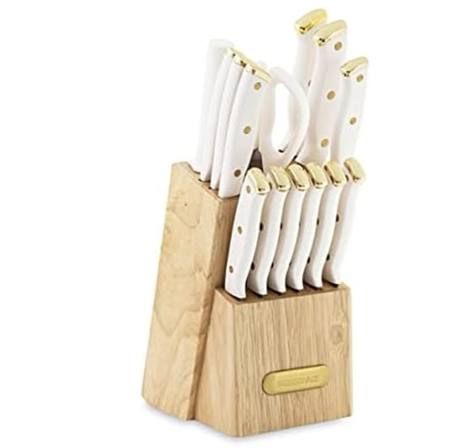 FARBERWARE 15-Piece Knife Block Set, Wood Storage Block, White/gold