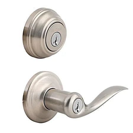 Kwikset Tustin Satin Nickel Exterior Entry Door Handle and Single Cylinder Deadbolt Combo Pack Featuring SmartKey Security