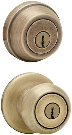 Kwikset Tylo Antique Brass Exterior Entry Door Knob and Double Cylinder Deadbolt Combo Pack