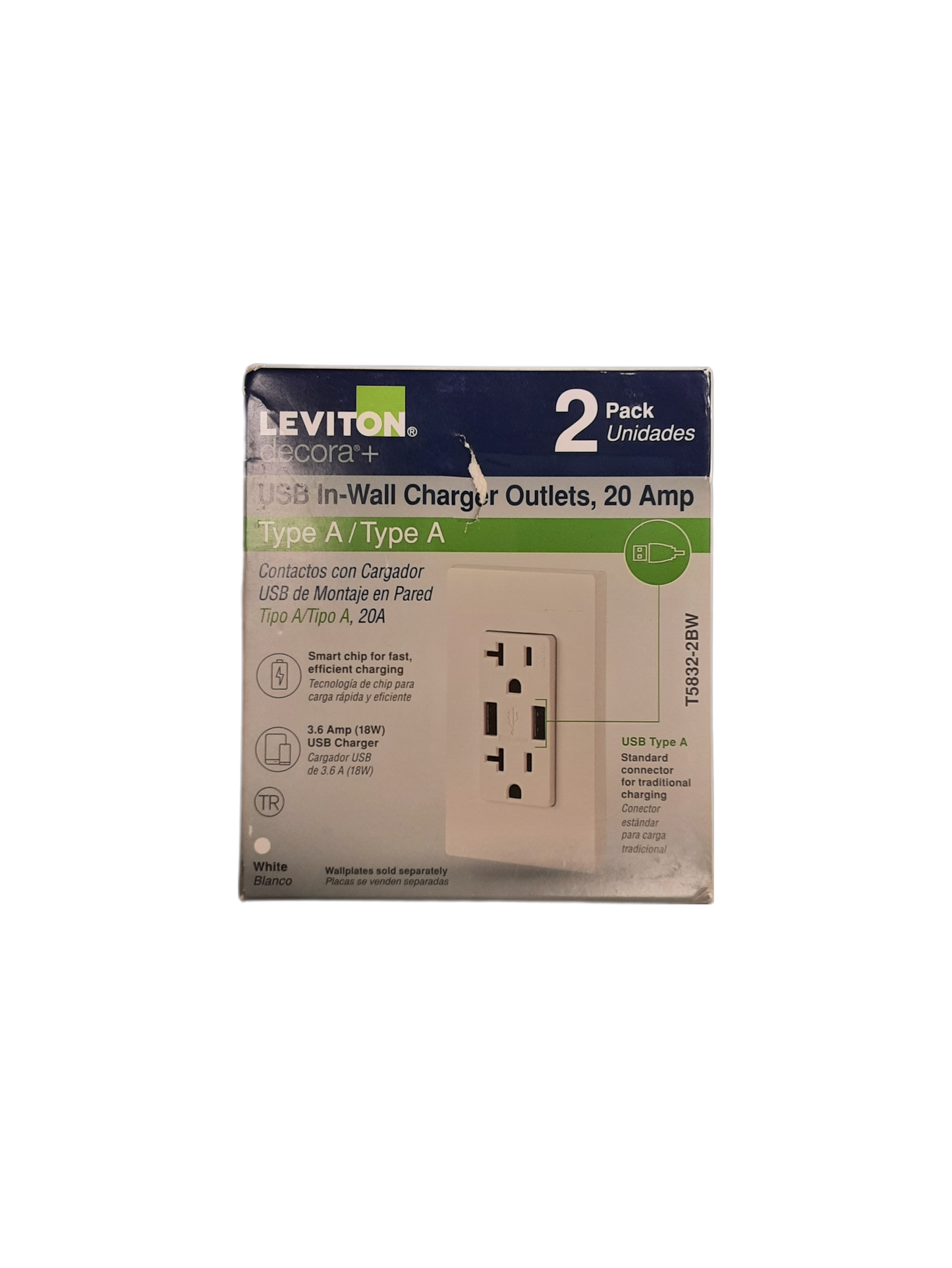 Leviton Decora 20 Amp 125-Volt Combination Duplex Outlet and USB Outlet, White (2-Pack)