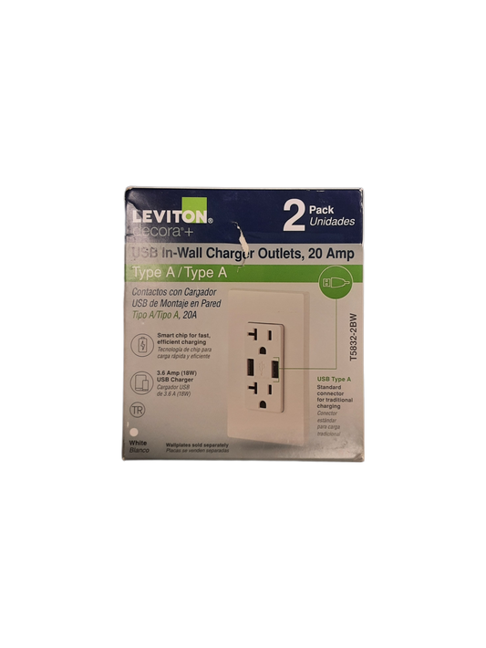 Leviton Decora 20 Amp 125-Volt Combination Duplex Outlet and USB Outlet, White (2-Pack)