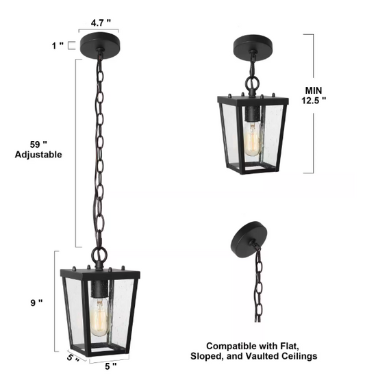 LNC Modern Coastal Black 1-Light Lantern Outdoor Pendant Light with Seeded Glass shade Mini Hanging Pendant for Patio Porch