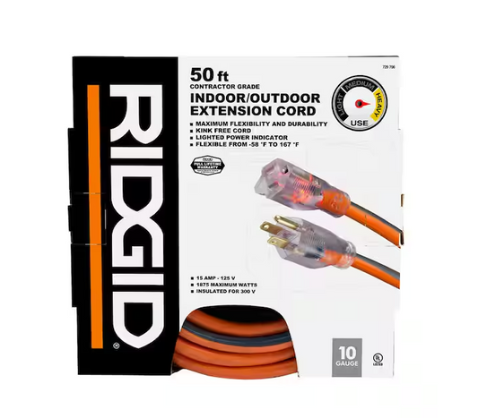 50 ft. 10/3 Heavy Duty Indoor/Outdoor SJTW Extension Cord with Lighted End, Orange/Grey