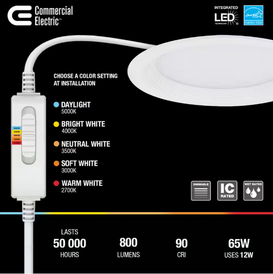 Commercial Electric Slim Baffle 6 in. Adjustable CCT Canless New Construction & Remodel IC Rated Indoor/Outdoor LED Recessed Light Kit