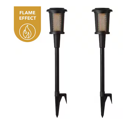 Ambrose Solar 6 Lumens Matte Black Integrated LED Flicker Flame Torch Path Light with Adjustable Height (2-Pack)