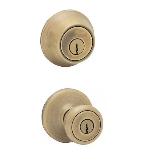 Tylo Antique Brass Exterior Entry Door Knob and Double Cylinder Deadbolt Combo Pack