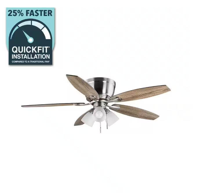 Sidlow 52 in. Indoor LED Brushed Nickel Hugger Dry Rated Ceiling Fan with 5 QuickInstall Reversible Blades and Light Kit