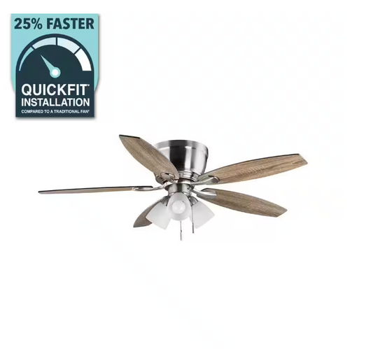 Sidlow 52 in. Indoor LED Brushed Nickel Hugger Dry Rated Ceiling Fan with 5 QuickInstall Reversible Blades and Light Kit