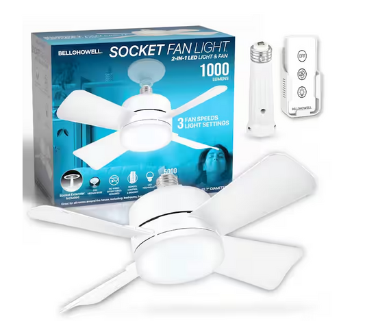 Bell + Howell 15.7 in. Indoor White Ceiling Fan with Remote, LED Light, Socket
