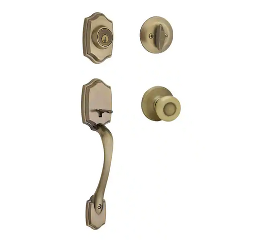 Belleview Antique Brass Single Cylinder Door Handleset with Tylo Door Knob Featuring SmartKey Security
