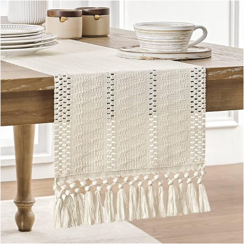 Macrame Style Boho Table Runner, Ivory Table Runners 12X36 Inches