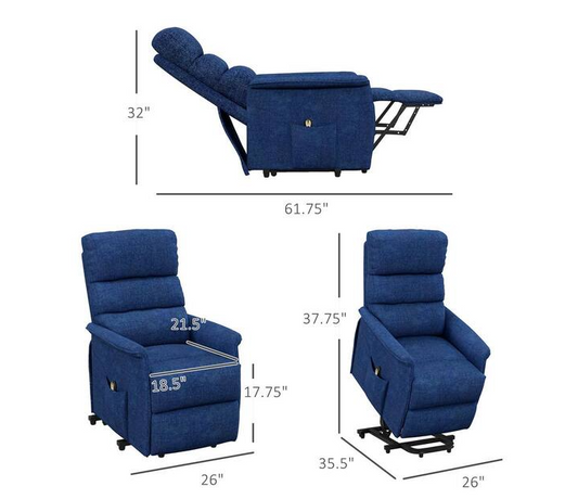 Dark Blue Electric Power Lift Fabric Recliner Chair with Remote Control for the Elderly, Side Pockets for Living Room