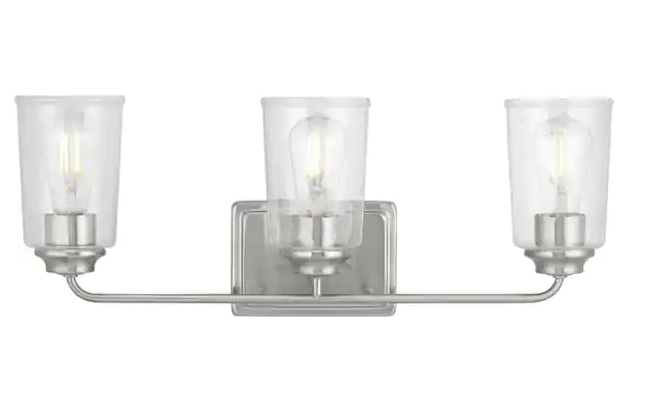 Hampton Bay Evangeline 23 in. 3-Light Brushed Nickel Farmhouse Bathroom Vanity Light with Clear Seeded Glass Shades