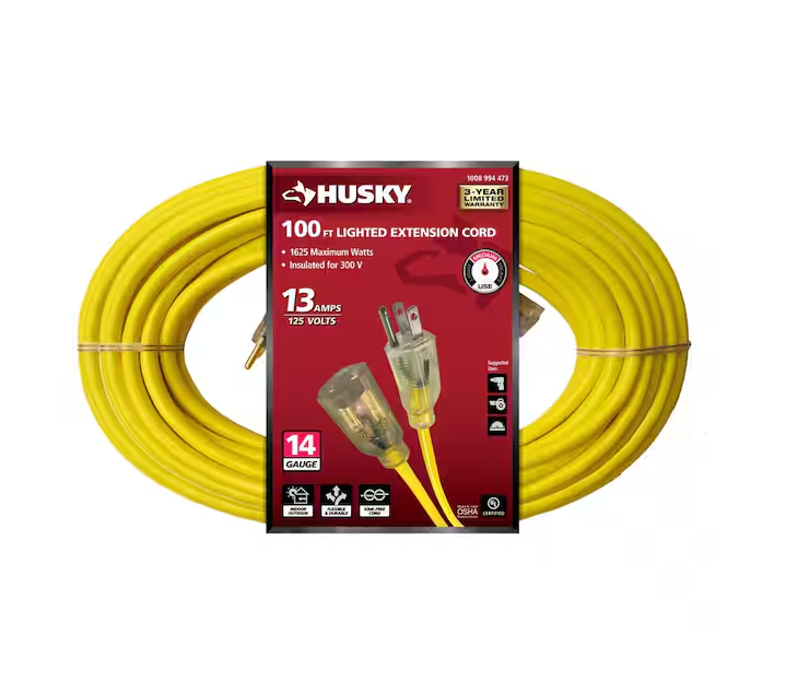 100 ft. 14/3 Medium Duty Indoor/Outdoor Extension Cord with Lighted End, Yellow