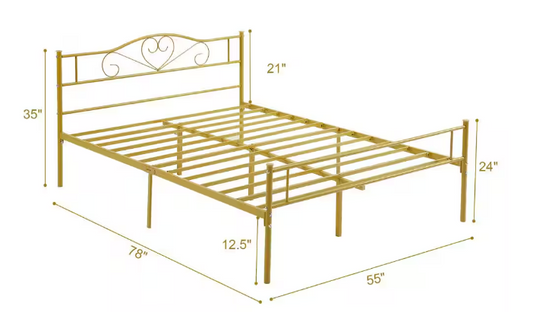 Vecelo Full Bed Frame Gold Platform Bed No Box Spring Needed Heavy Duty Steel Slats Support Bed