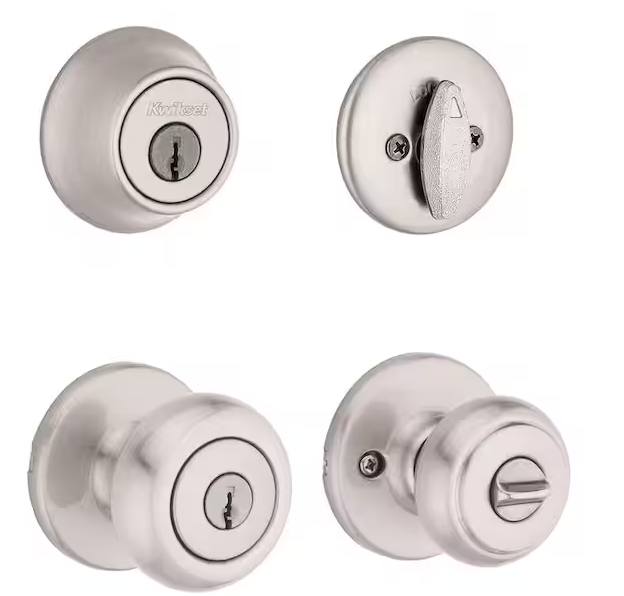 Kwikset Cove Satin Nickel Keyed Entry Door Knob and Single Cylinder Deadbolt Project Pack featuring SmartKey and Microban