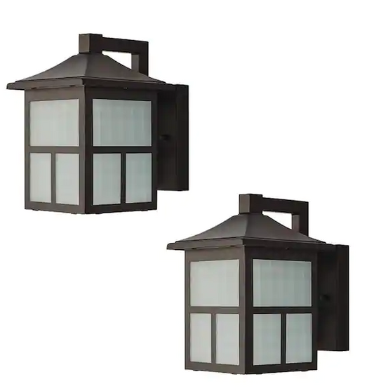 Hampton Bay 8 in. Black LED Outdoor Wall Light Fixture with Frosted Textured Glass (2-Pack)