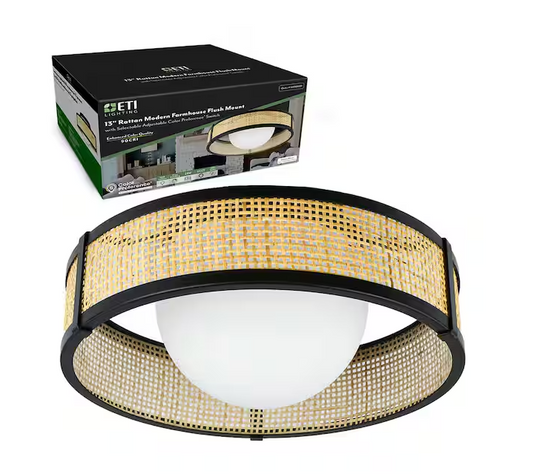 13 in. Modern Farmhouse Rattan LED Flush Mount 1100 Lumens Adjustable CCT