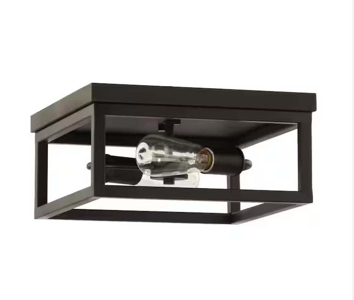 Hampton Bay Boswell Quarter 12-1/2 in. 2-Light Black Industrial Open Cage Flush Mount Ceiling Light