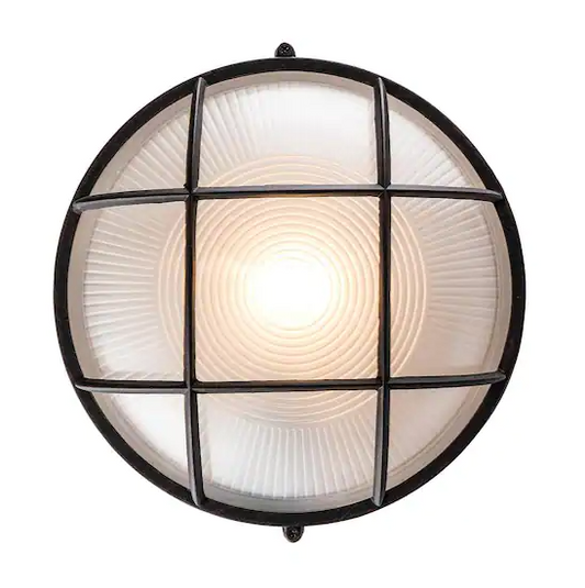 Bel Air Lighting Aria 10 in. 1-Light Rust Round Bulkhead Outdoor Wall Light Fixture with Frosted Glass