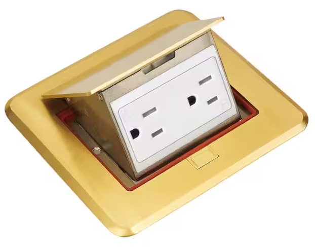 Newhouse Electric Pop-Up Floor Outlet, Electrical Box for Wood Sub-Flooring with 15 Amp TR Duplex Receptacle, Brass