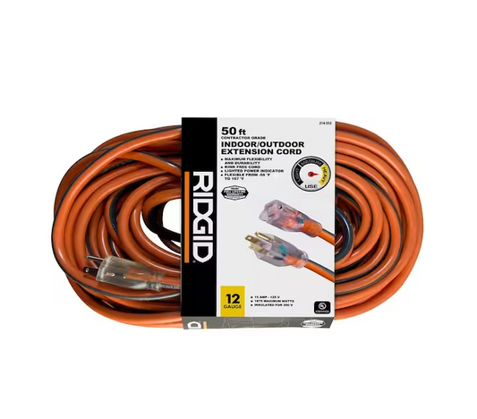 50 ft. 12/3 Heavy Duty Indoor/Outdoor Extension Cord with Lighted End, Orange/Grey