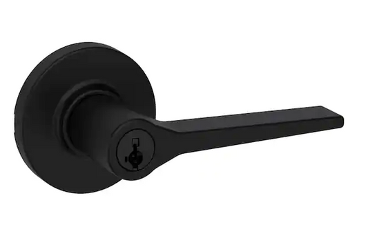 Kwikset Hollis Round Rose Matte Black Keyed Entry Door Lever featuring SmartKey Security